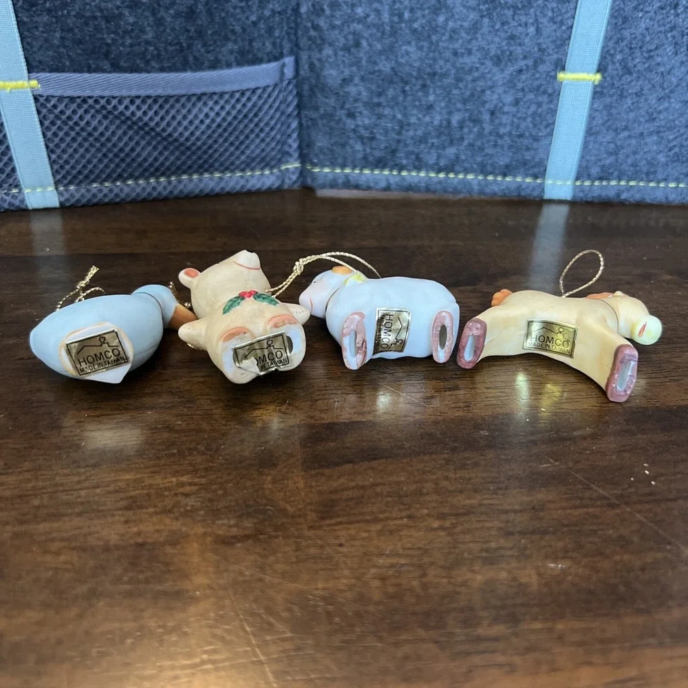 (4) Vintage Homco Farm Animal Christmas Holiday Ornaments - Bear Duck Sheep Deer